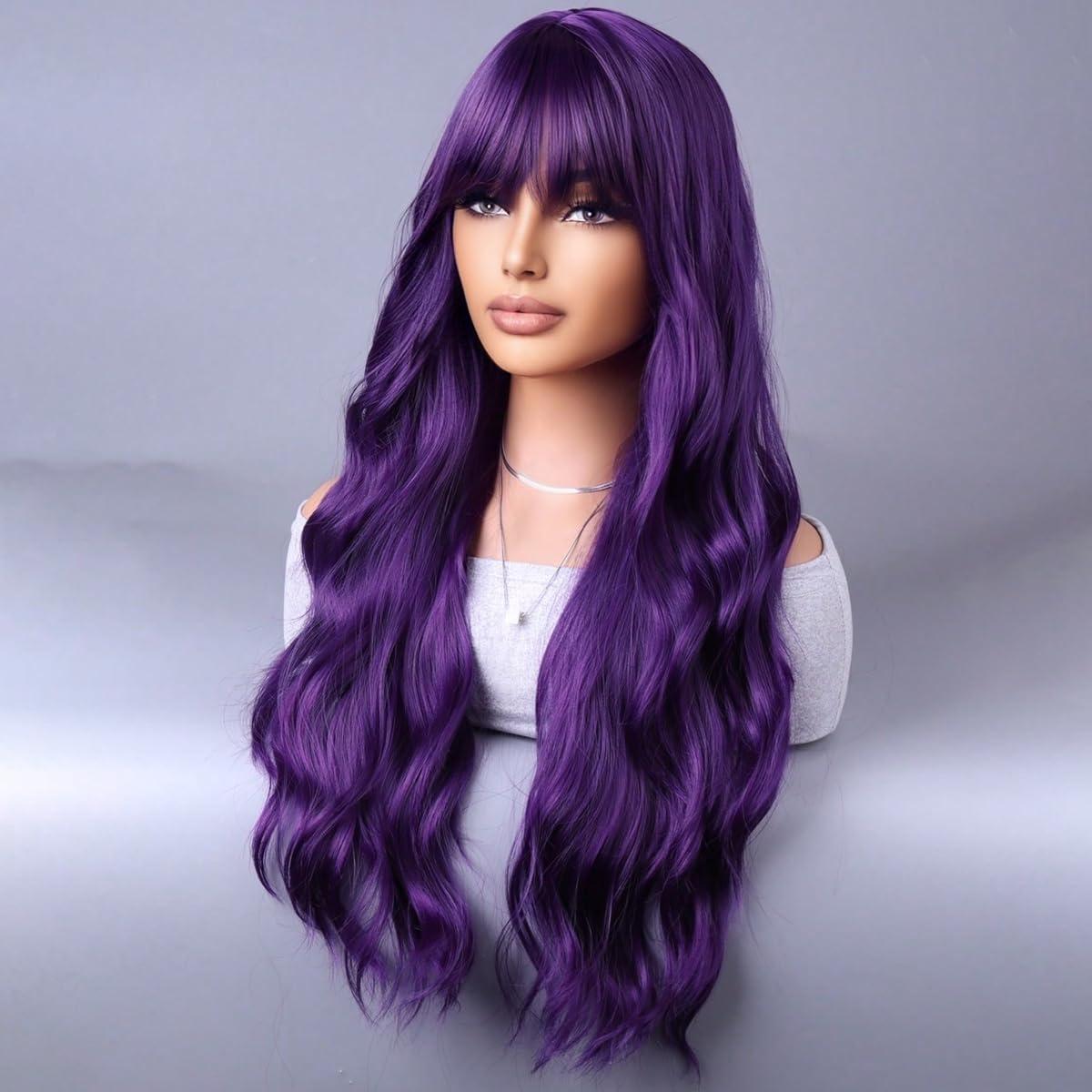 WTHCOS WTHCOS Dark Purple Long Curly Wavy Hair Wig for Women With Bangs Purple Wig Heat Resistant Synthetic Hair Wigs for Daily Use Cosplay Wig With Wig Cap