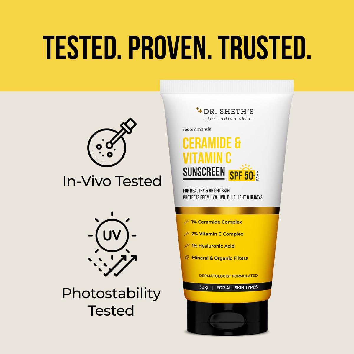 Dr. Sheth\'s Dr. Sheth\'s Ceramide & Vitamin C Sunscreen SPF 50+ PA+++ | One Step Routine for Summer | For Women & Men | UVA UVB Sun Protection | 1.76 Oz / 50g