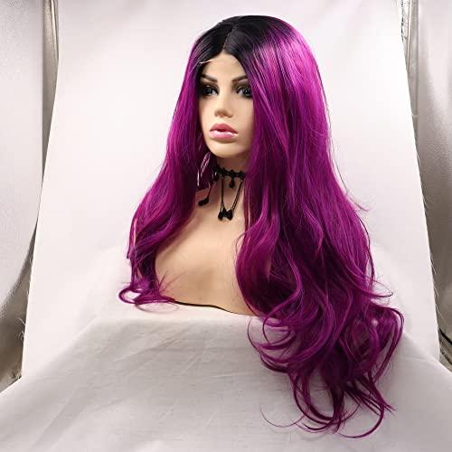 xiweiya xiweiya Long Purple Lace Front Wigs with Dark Roots Middle Part Purple Synthetic U Part Lace Front Wigs Natural Hairline Heat Resistant Hair High Density Wig for Women 26 Inch