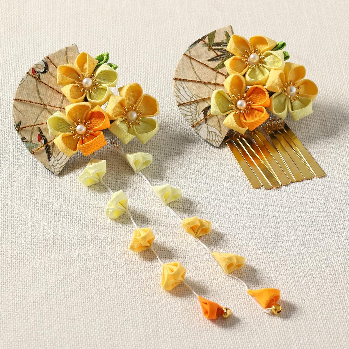 CAMDOM 2Pcs Womens Japanese Kimono Flower Hair Clips Tassel Hair Hairpins Traditional Kanzashi Hair Accessories Set