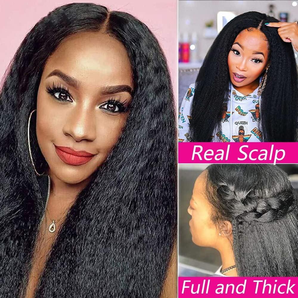 LOVFIR V Part Wig Human Hair Kinky Straight Human Hair Wigs for Black Women 150% Density Yaki V Part Wig Human Hair Upgrade U Part Glueless Full Head Clip In Half Wig V Shape Wigs Yaki Straight Human Hair Wig 26 inch