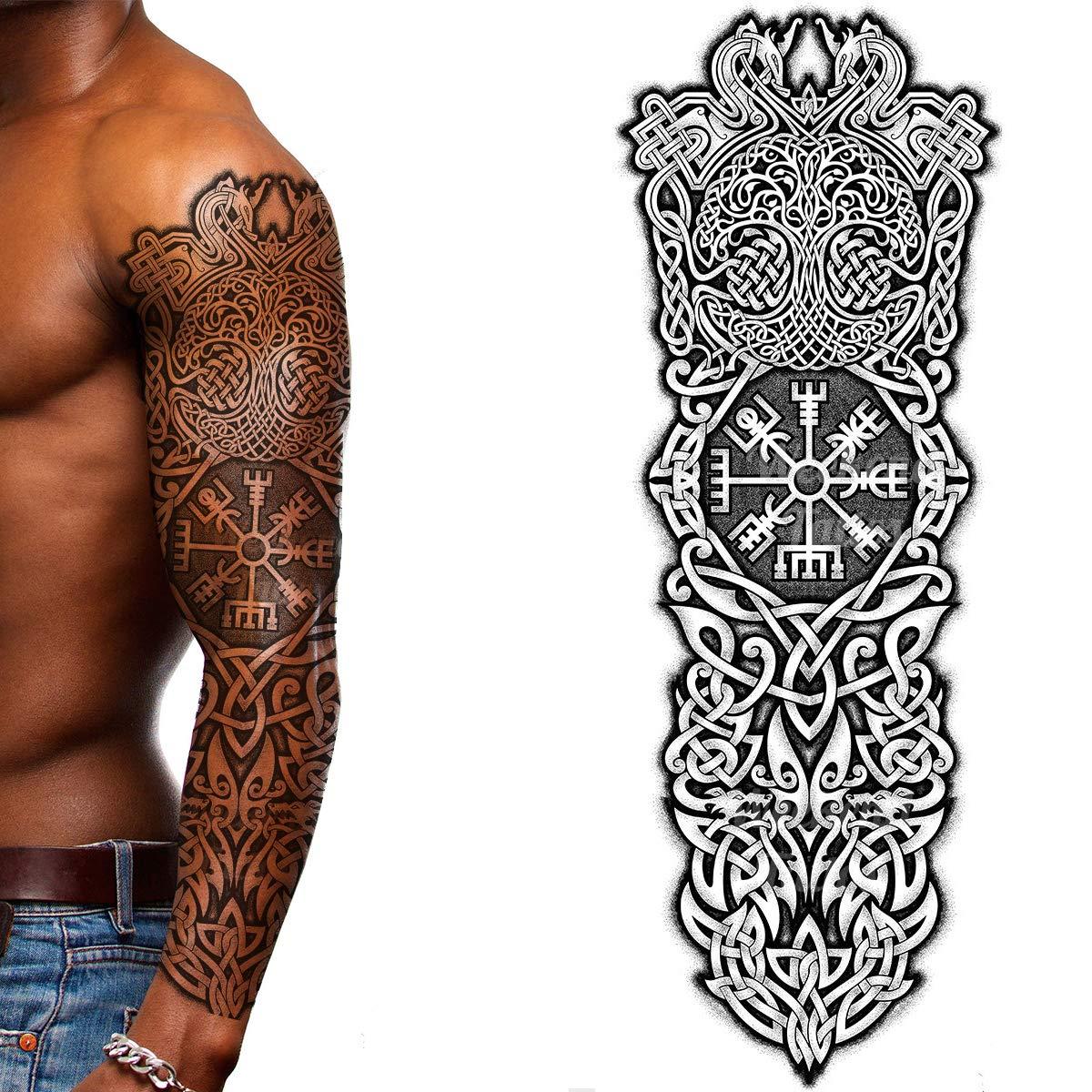 Tatodays Tatodays temporary tattoo full arm stick on body art viking icelandic medieval celtic transfer for women and men cosplay halloween adult aegishjalmur temp tattoo tree of life wolfs fancy dress