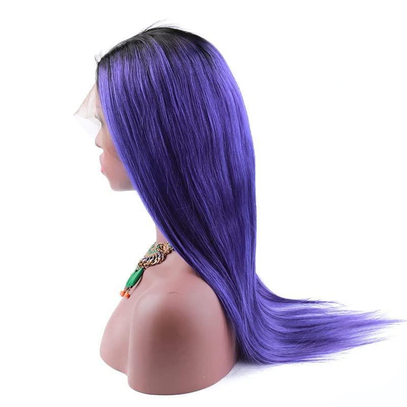 sent hair sent hair Ombre Full Lace Wigs Human Hair with Adjustable Strap Straight #1B/Purple Dark Roots Wigs with Baby Hair Pre Plucked Bleached Knots 12 inch for Black Women Free Part