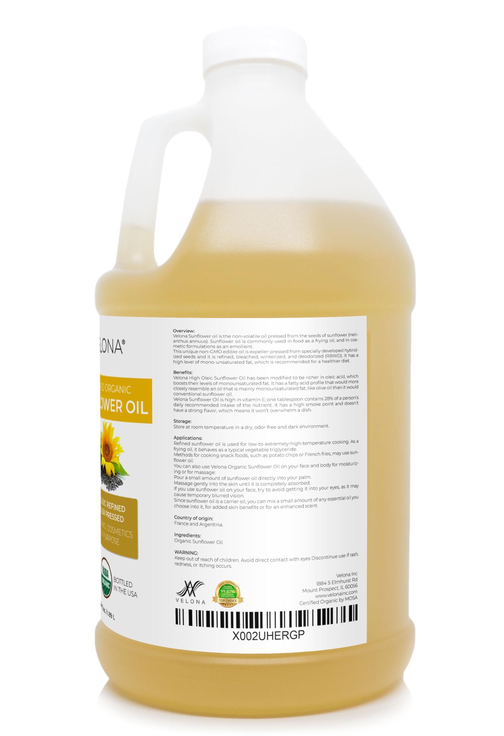 velona velona USDA Certified Organic Sunflower Oil - 64 Fl Oz | 100% Pure and Natural Carrier Oil | High Oleic, Refined, Expeller Pressed | Cooking, Skin, Hair, Body & Face Moisturizing