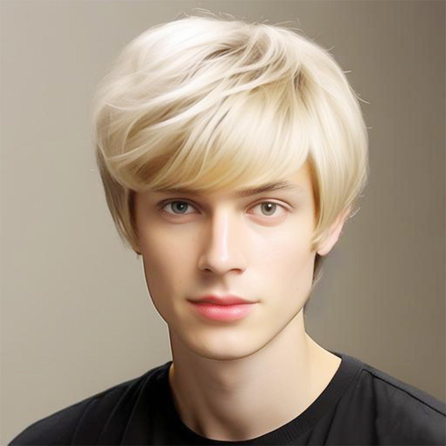 RicHyun RicHyun Mens Short Blonde Wig Natural Blonde Synthetic Hair Replacement Wig for Men Guys Short Blonde Cosplay Halloween Costume Party Wig (Light Blonde)