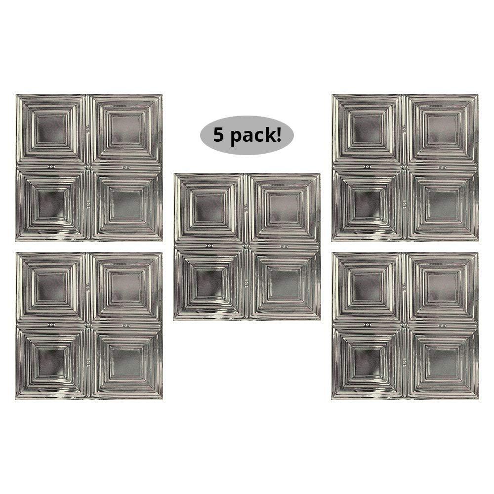 American Tin Ceilings American Tin Ceilings [5 Pack] 24\" x 24\" 100% Tin Nail-Up Ceiling Tiles | Pattern #1 Square Design with Modern Geometric Beveled Squares, for Ceilings & Walls | n-p01-raw