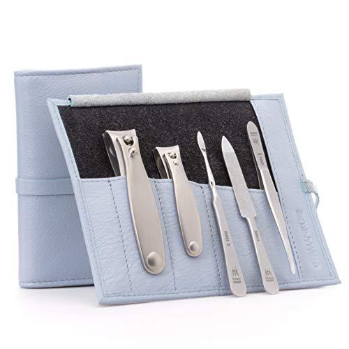 GERmanikure GERMANIKURE 5pc Manicure Set in Light Blue Leather Case - Made in Solingen Germany, FINOX Stainless Steel Tools – Professional Quality Compact Nail Grooming Kit