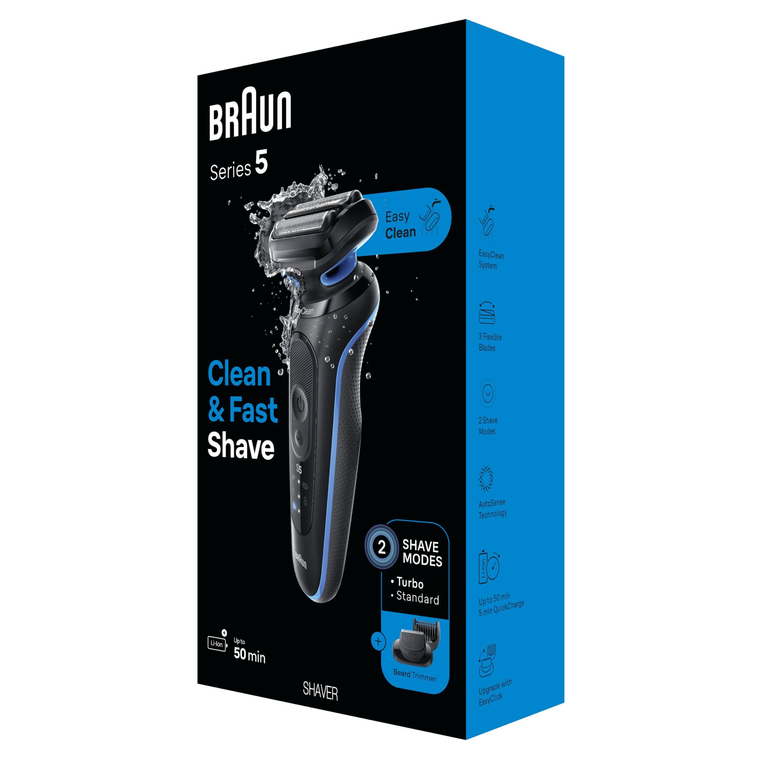 Braun Braun Electric Shaver for Men, Series 5 5120s, Wet & Dry Shave, Turbo Shaving Mode, Foil Shaver, Engineered in Germany, with Beard Trimmer & Attachments, Blue