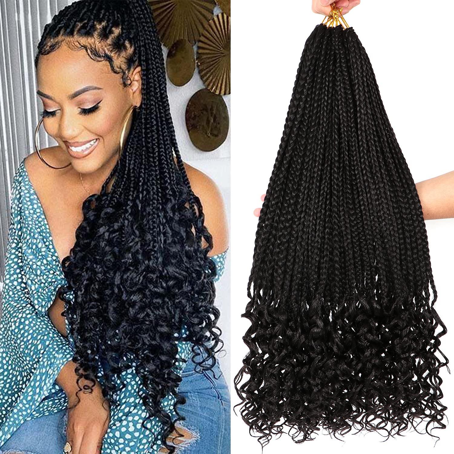 URNice 7 Packs Goddess Box Braids Crochet Hair 24 Inch Crochet Braids with Curly Ends Bohemian Crochet Hair Hair for Black Women (24 Inch 7 Packs, 1B#)