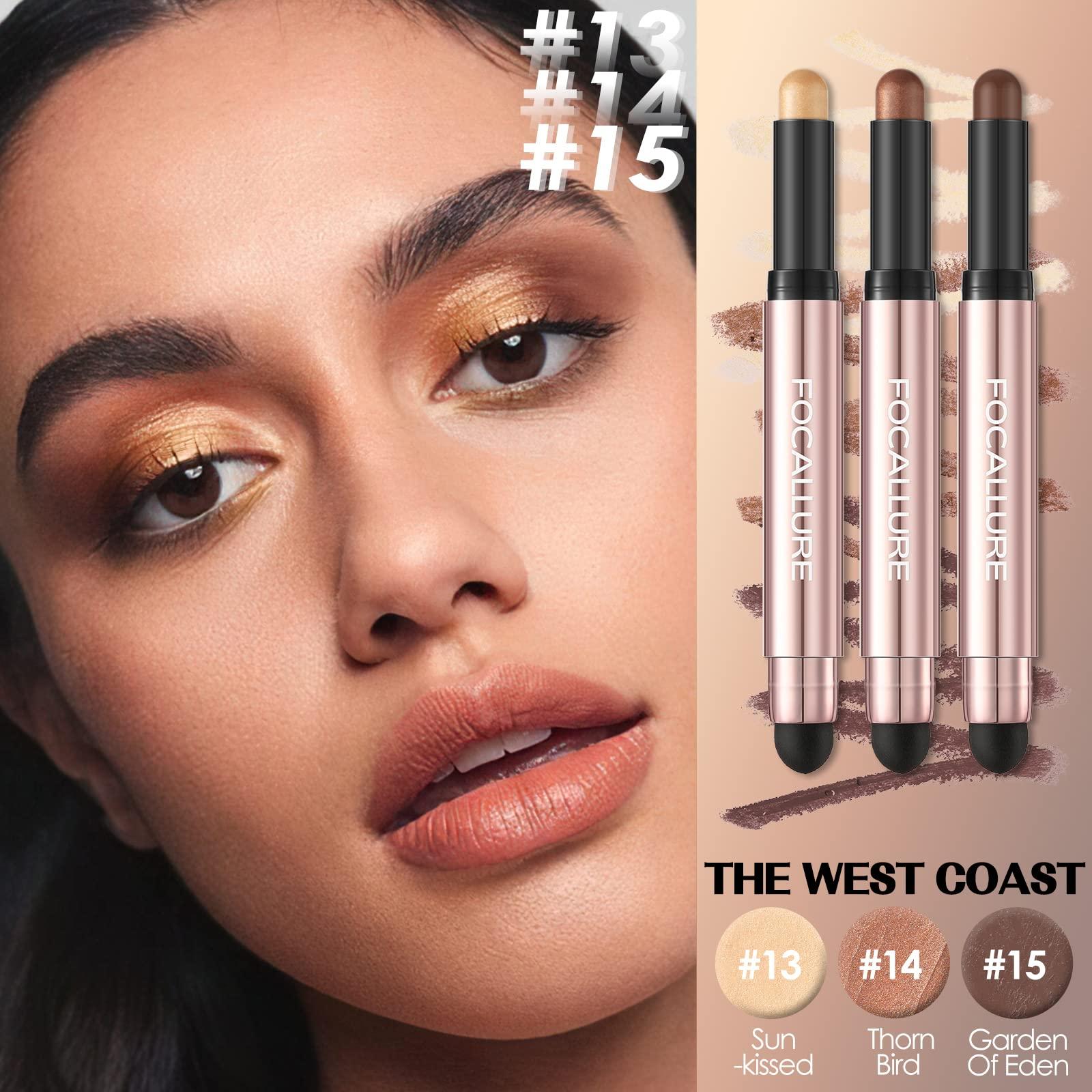 FOCALLURE FOCALLURE 3 Pcs No Crease Eyeshadow Sticks,Shimmer & Matte Eye Shadow Crayon with Blending Brush,Smooth Cream Highlighter Pen,Long Lasting Eyeshadow Brightener Stick Makeup,the West Coast