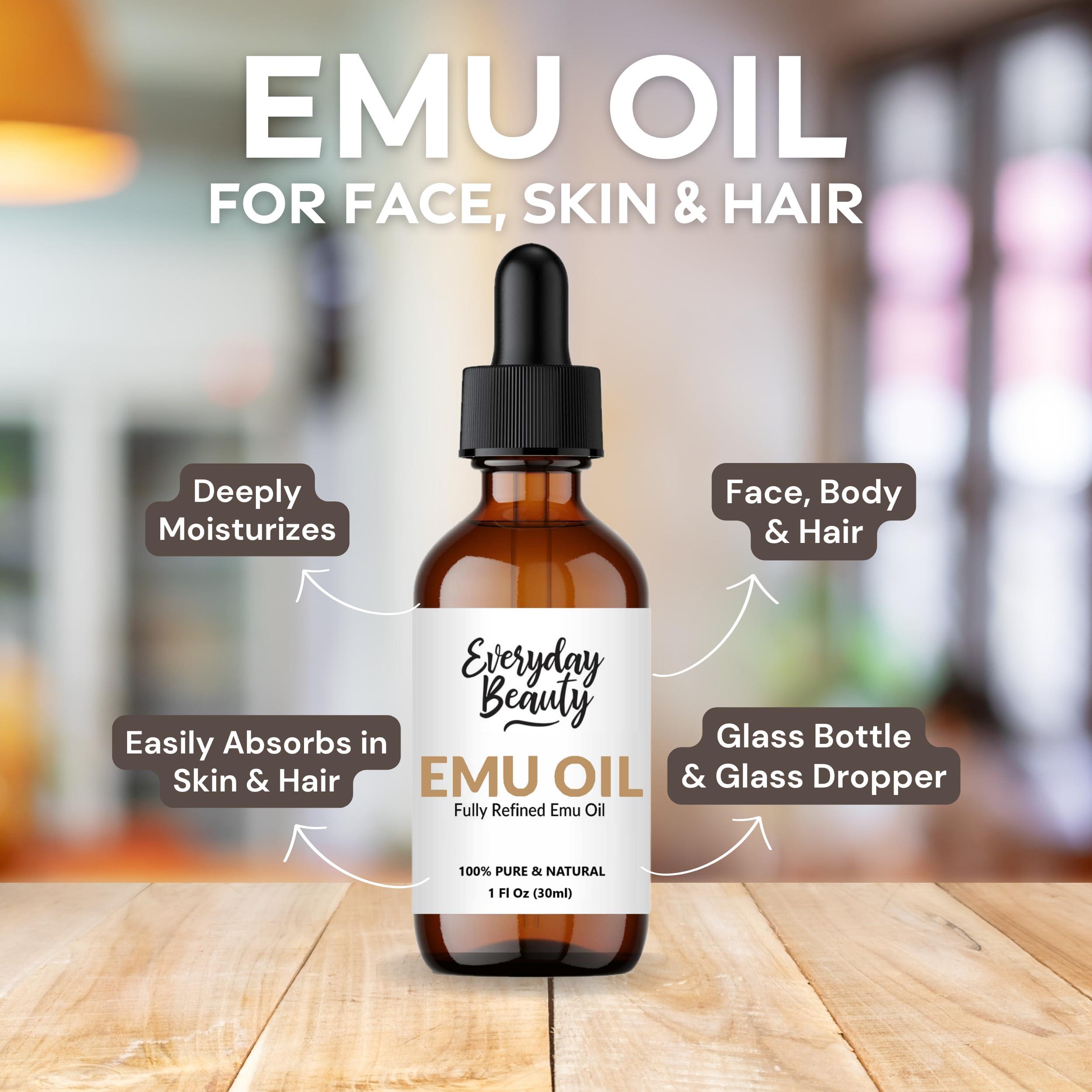 Everyday Beauty Helping You Feel Beautiful Ins Pure Australian Emu Oil - All Natural 6X Refined for Face, Skin and Hair - Highly Effective Hydration for Sensitive Skin & Hair Growth Perfect for Scars & Blemishes - 1 Fl Oz Glass Bottle & Dropper