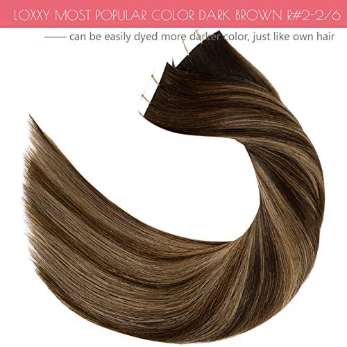 Loxxy Loxxy Balayage Tape Hair Extensions Human Hair 18Inch Invisible PU Tape in Hair Mixed Chestnut Brown Double Sided Brown Tape in Hair Extensions Human Hair Glue on Silky Soft Hair R2-2/6 20pcs 50g