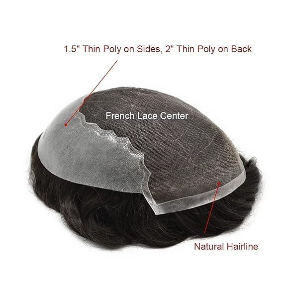 Lyrical Hair Lace Front Mens Toupee French Lace with Poly Human Hair System For Men Natural Hairline Mens Hair Replacement System Bleached Knots7\"X9\"#60RY All Gary-100% density