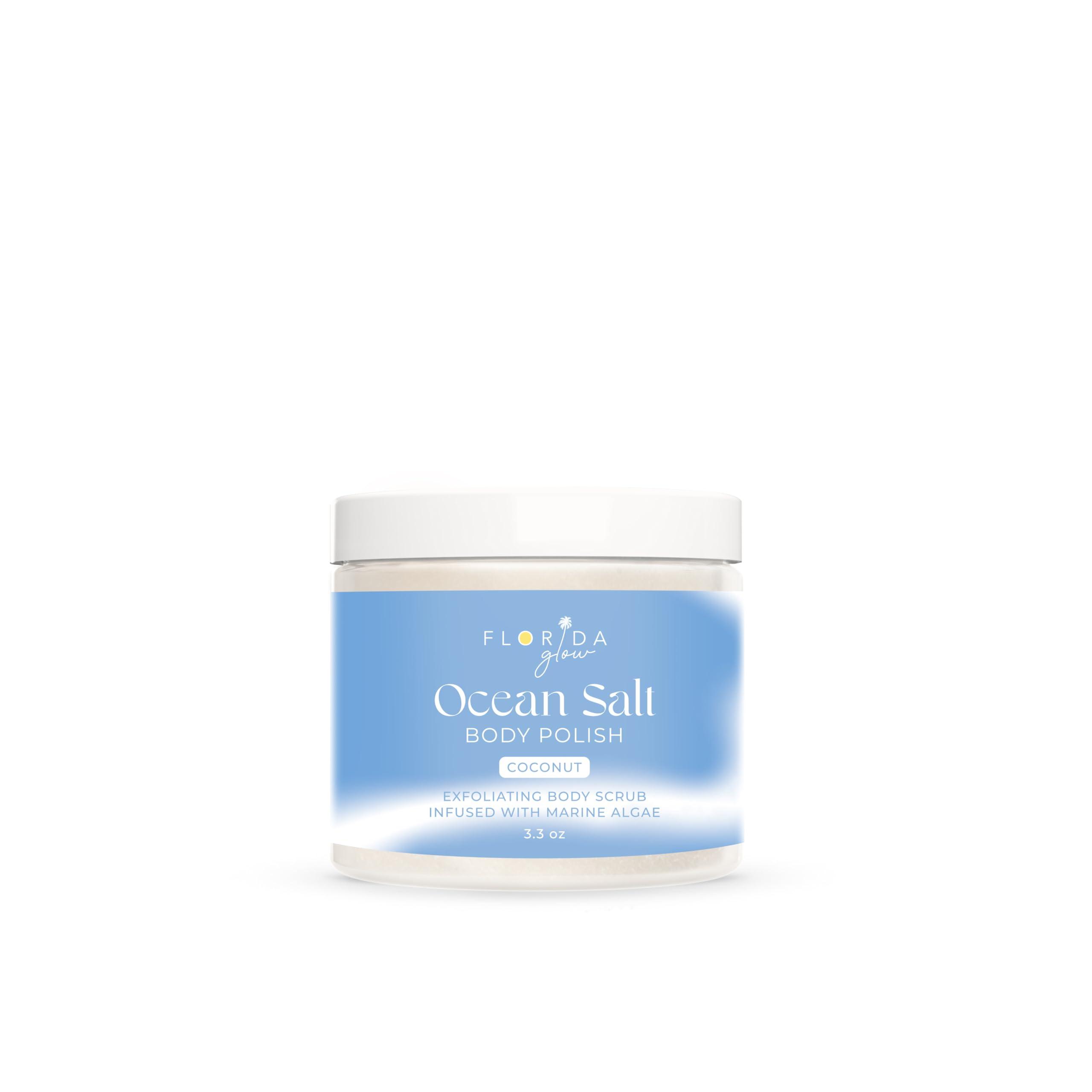 Florida Salt Scrubs Sea Salt Body Scrub by Florida Suncare - Ocean Salt Body Polish Infused with Marine Algae - Exfoliating Face and Body Scrub - Facial Scrub Exfoliator to Tackle Acne (Coconut, 3.3 oz)