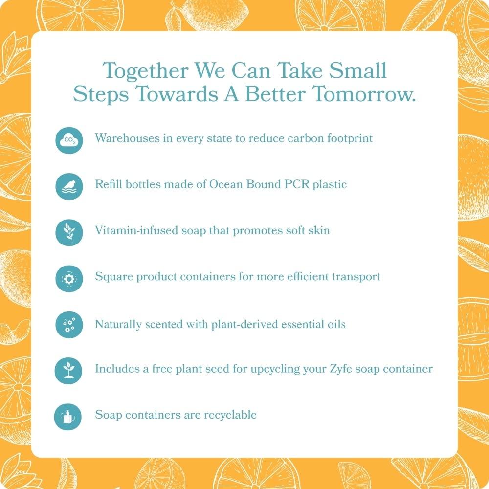 ZYFE ZYFE Eco Friendly Hand Soap Refills Family Pack - Pland Dervied Liquid Handsoap With 5x Vitamins - 2 12oz Pump Dispenser Bottles and 1 64oz Refill - Citrus