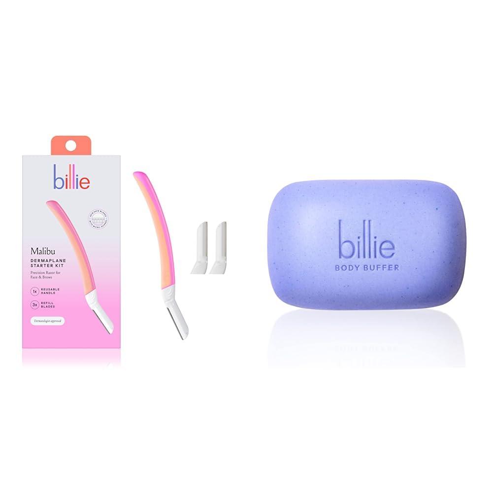 Billie Billie Dermaplane Starter Kit + Body Buffer Exfoliating Bar - Reusable Handle, 3 Refill Blades, Remove Hair & Exfoliate