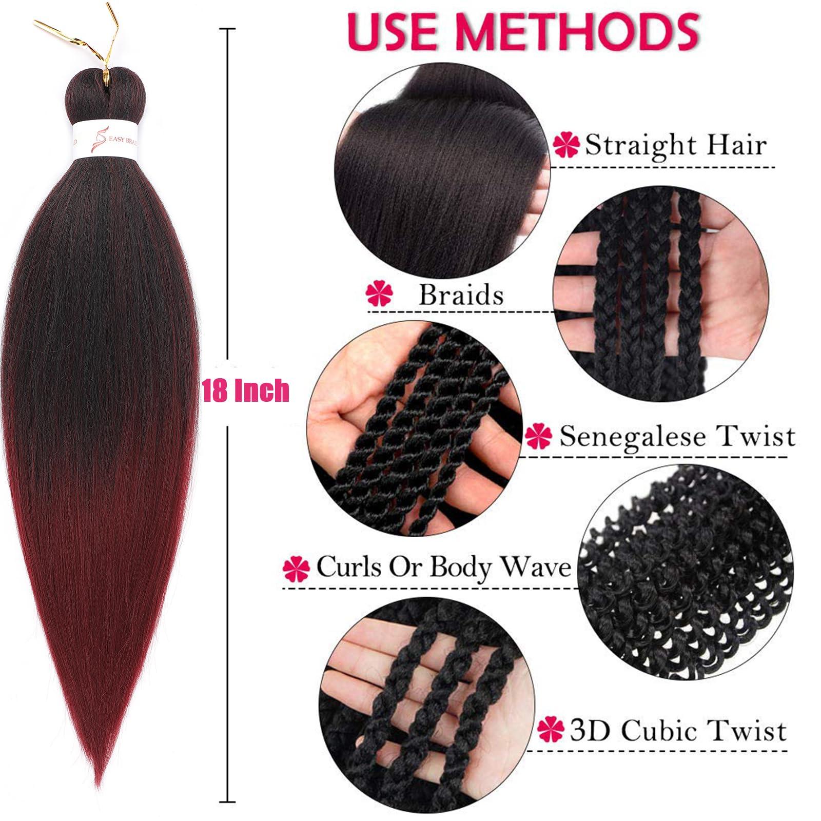Zoewan Ombre Burgundy Braiding Hair Pre stretched 8 Packs 18 Inch Kanekalon Yaki Texture Pre stretched Hair For Braiding Professional Synthetic Hair Extension Itch Free Hot Water Setting(18\", T1B/900#)