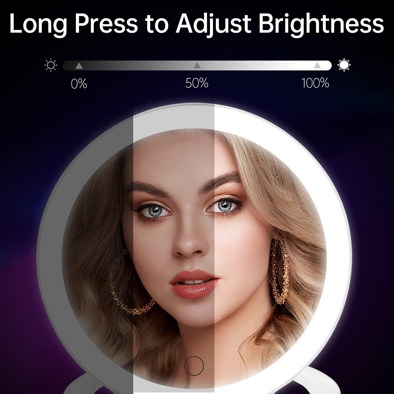 Famihomii Magnifying Travel Magnifying Mirror with Light, Makeup Mirror with 3 Color Lights and Magnification, Lighted Rechargeable Portable Cosmetic Foldable Mirror, Dimmable Adjustable Rotation with Bag