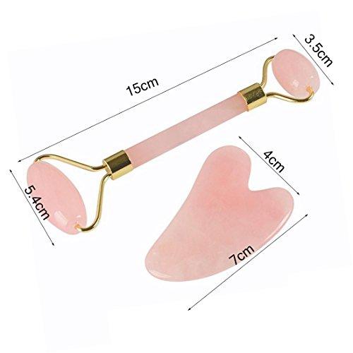 fengshuisale Feng Shui Anti Aging Jade Roller for face and Gua Sha Scraping Massage Tool Set Therapy, New 100% Natural Rose Quartz Jade Roller & Gua Sha Set W3405