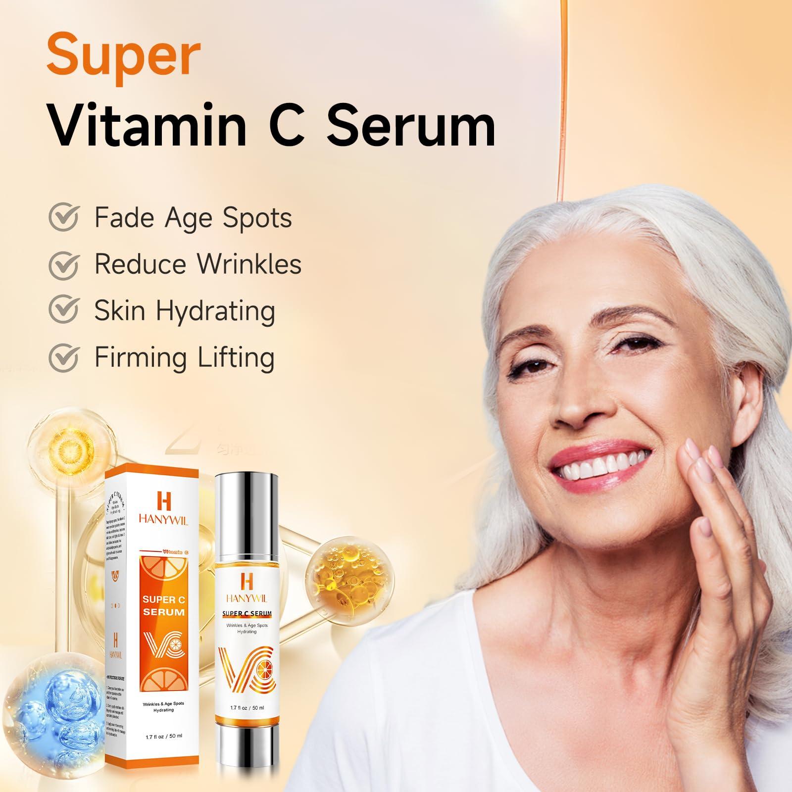 HANYWIL HANYWIL Super Vitamin C Serum for Women over 70, Vitamin C Serum for Face, Dark Spot Remover for Face, Hyaluronic Acid Skin Care, Targets Age Spots, Hydrates and Wrinkle Reduction 1.7fl oz