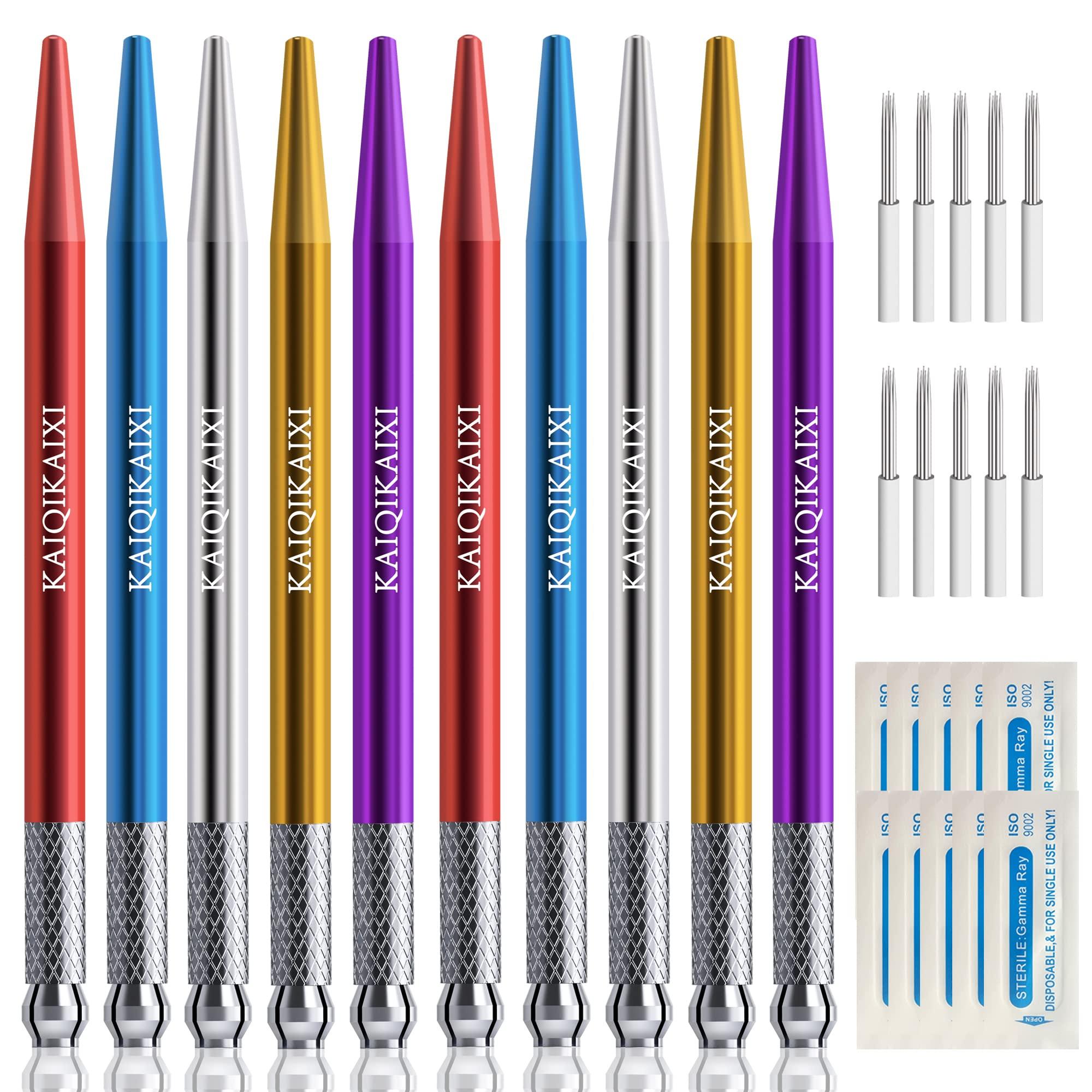 KAIQIKAIXI Microblading Pens 10 Pieces Manual Eyebrow Pens Microblade Pen Aluminum Microblading Hand Tools Light Manual Microblade Tool Microblade Holder Additional 10Pcs Round Needles