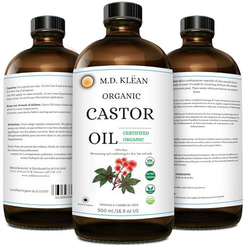 M.D. KLEAN M.D. KLEAN Castor Oil Organic (500ml) Cold Pressed Unrefined Amber Glass Bottle, Hexane Free, Extra Virgin - Strengthens And Grows Thicker Lashes & Brows - USDA Certifided 100% Pure Organic