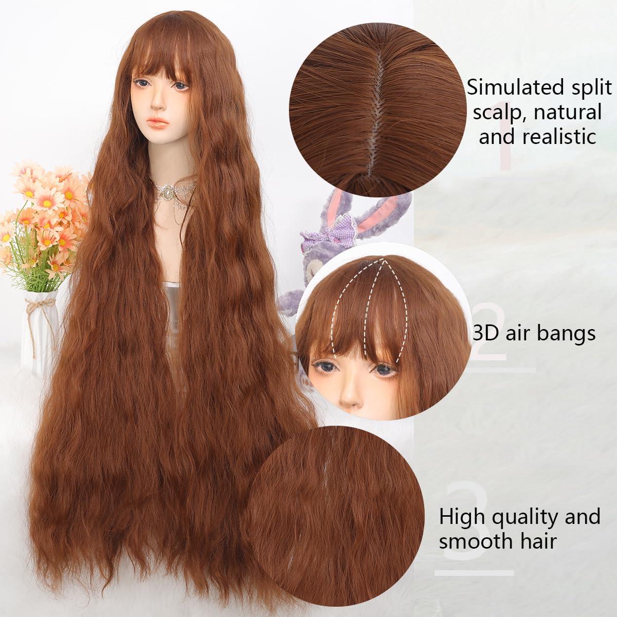 AOSIWIG AOSIWIG 44 Inch Extra Long wig,Wig with Bangs for Women long Wavy Ombre Caramel Brown Synthetic Wigs Heat -resistant hair, long cosplay curly hair for daily party(caramel colour)