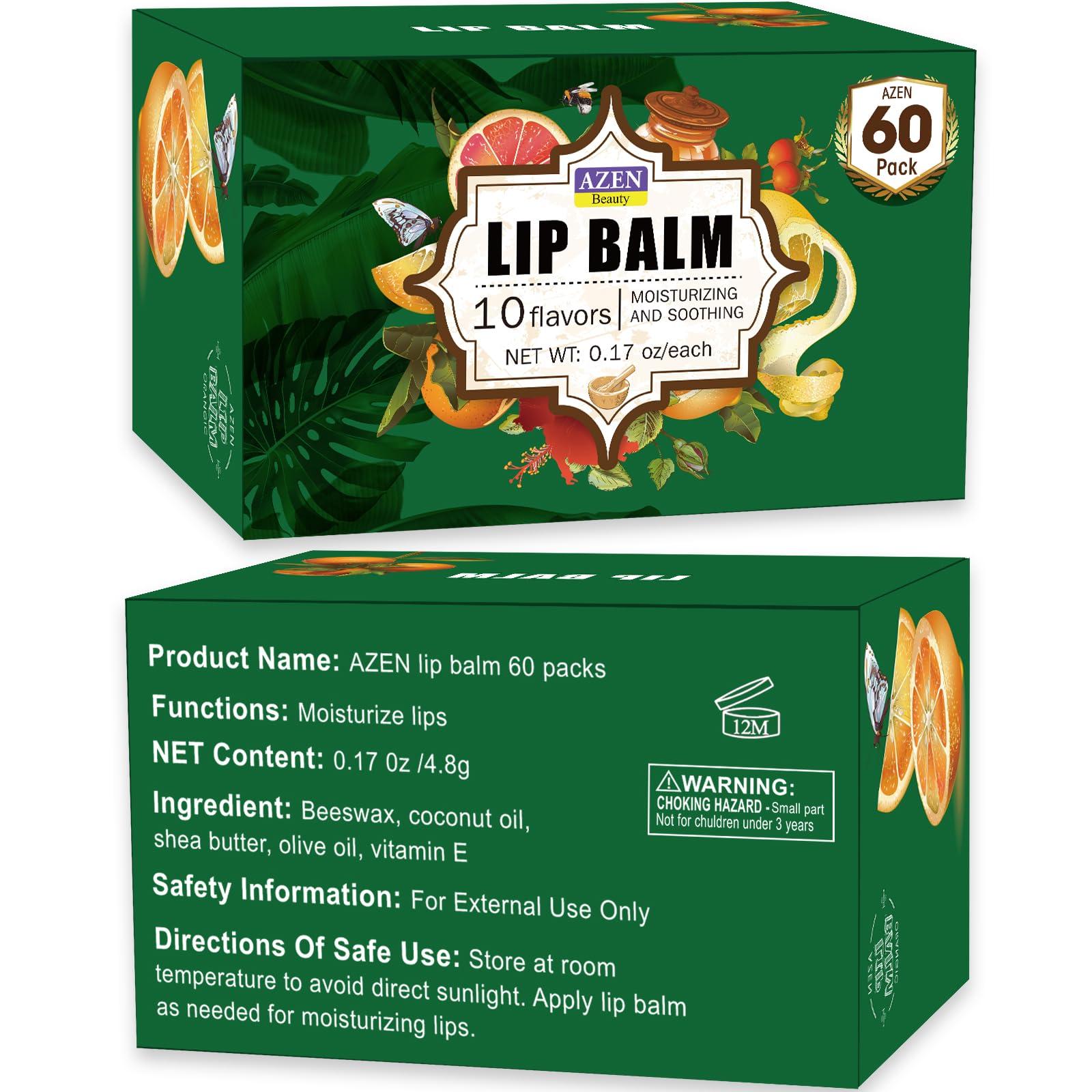 AZEN AZEN 60 Pack Lip Balm, Natural Lip Balm Bulk, Lip Care Product, Moisturizing Lip Balm for dry cracked lips - 10 Flavors
