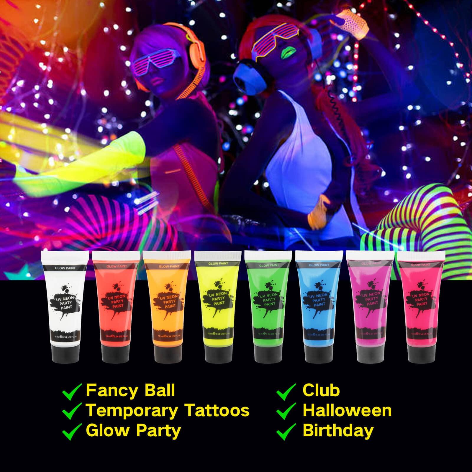 MEICOLY UV Blacklight Neon Face Body Paint, MEICOLY 8 Tubes Blacklight Reactive Paints,Water Based, Washable, Non-Toxic Neon Party Supplies for Halloween,01