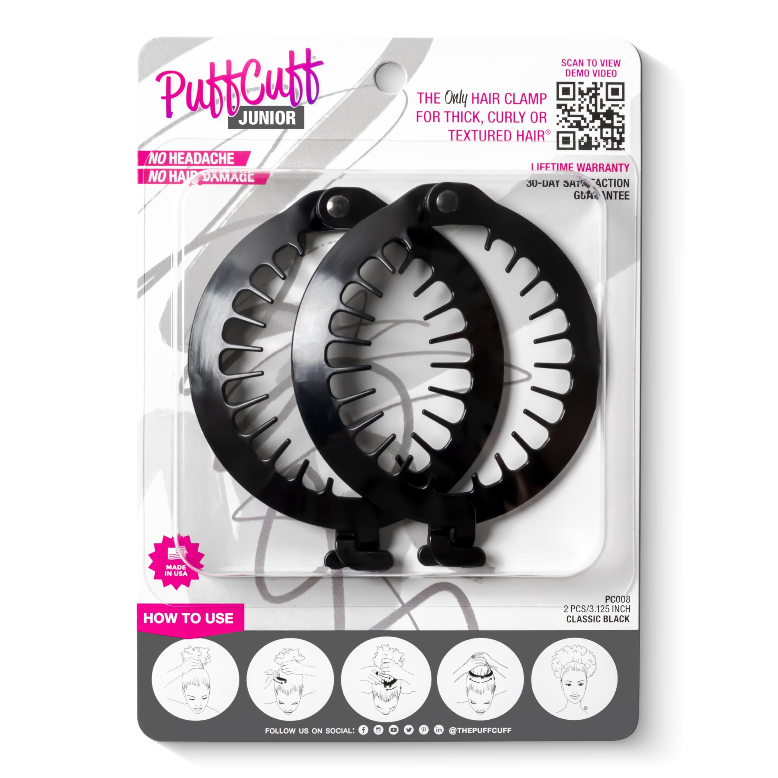 PuffCuff PuffCuff Junior 3\" Hair Clamp, For All Natural Curly, Thick, Kinky, Textured, Locs, or Braided Hair, Painless, Damage-Free Styling Tool Made Specifically for Big Hair, Black, 2 Pieces