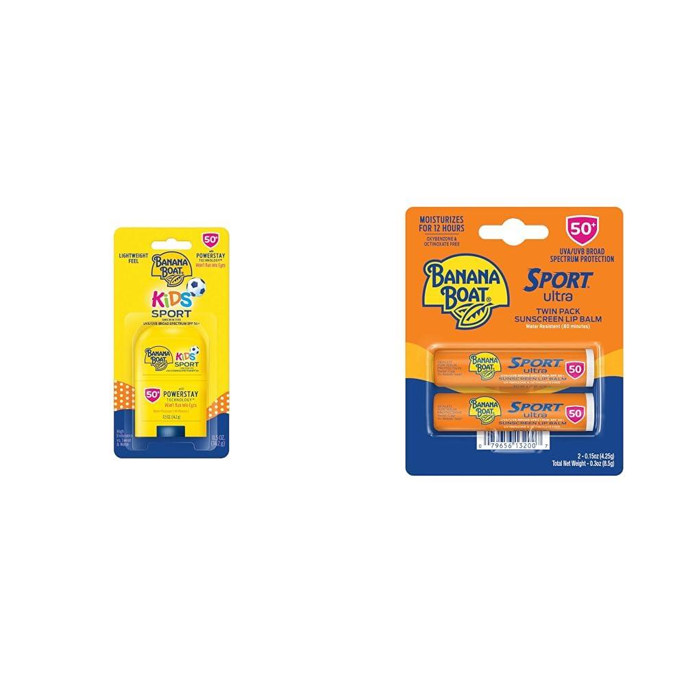 Banana Boat Banana Boat Kids Sport Sunscreen Stick SPF 50, 0.5oz & Sport Ultra SPF 50 Lip Sunscreen Twin Pack | SPF Lip Balm Pack, Banana Boat Lip Balm SPF 50, Oxybenzone Free Sunscreen