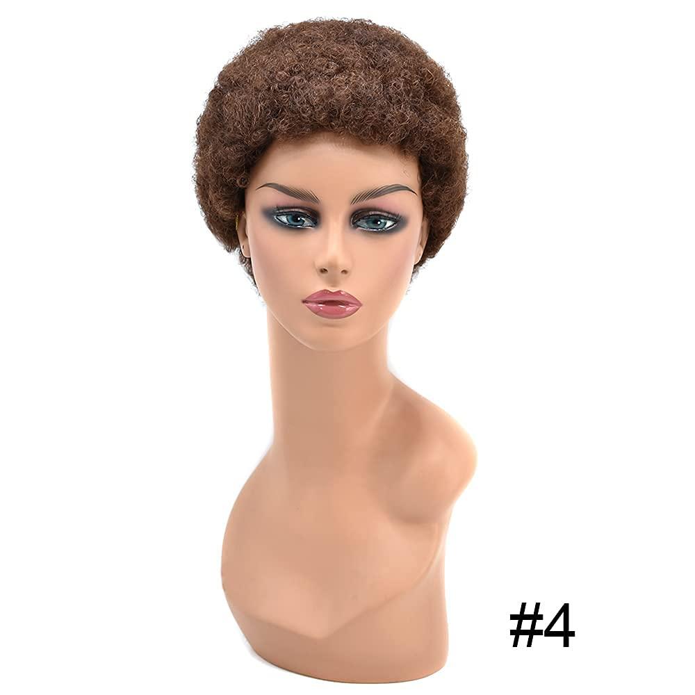 SINGA HAIR SINGA HAIR Human Hair Afro Wigs Short Brazilian Hair African American Curls Wig for Black Women Full Volume Cap Afro Wig (4# Medium Brown)