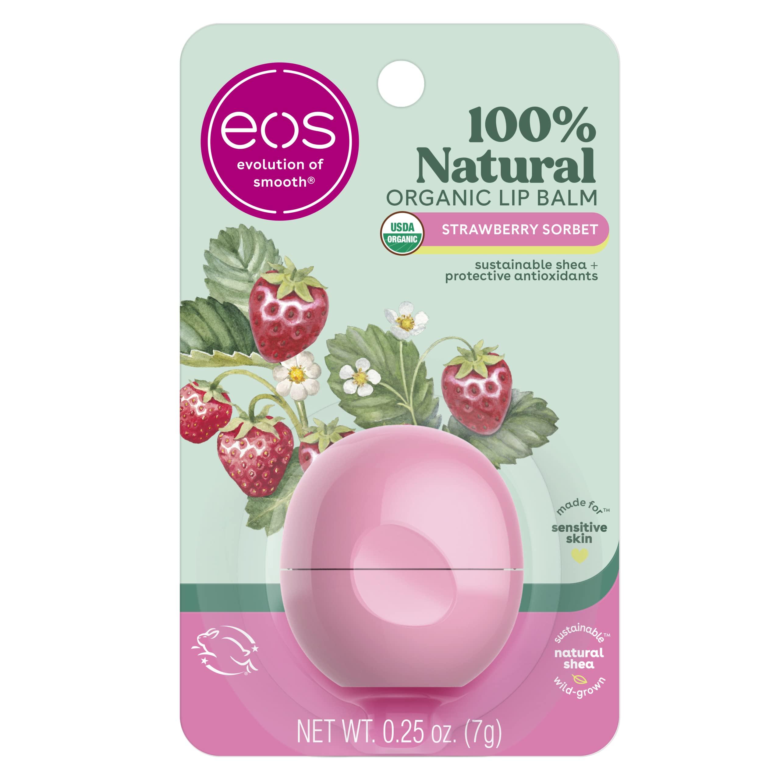eos eos 100% Natural & Organic Lip Balm- Strawberry Sorbet, All-Day Moisture, Dermatologist Recommended for Sensitive Skin, Lip Care Products, 0.25 oz (Pack of 2)