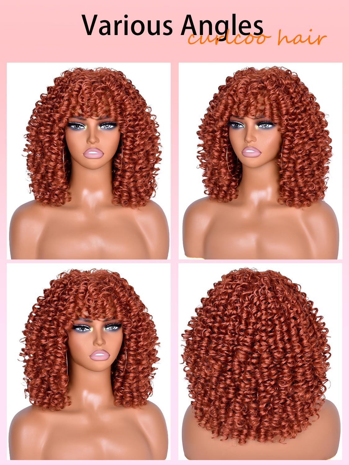 CurlCOO CurlCOO Ginger Curly Wigs for Black Women Short Kinky Curly with Bangs Synthetic Fiber Glueless Long Kinky Curly Hair 14 inchGinger