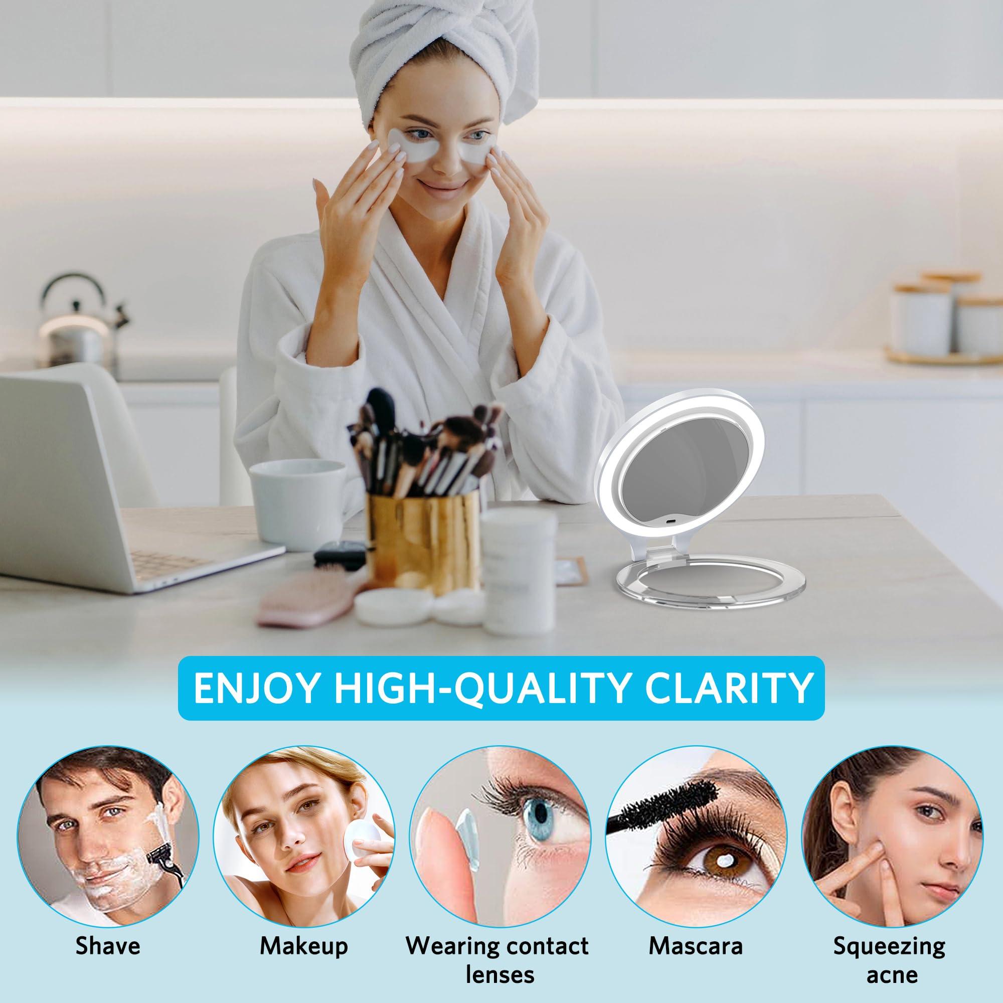 WEILY WEILY Magnifying Mirror with Light, 10X/1X Magnification Double-Sided Travel Makeup Mirror, with 3 Color Lights, Touch Control, Rechargeable Portable Mirror for Bedroom, Bathroom (White)