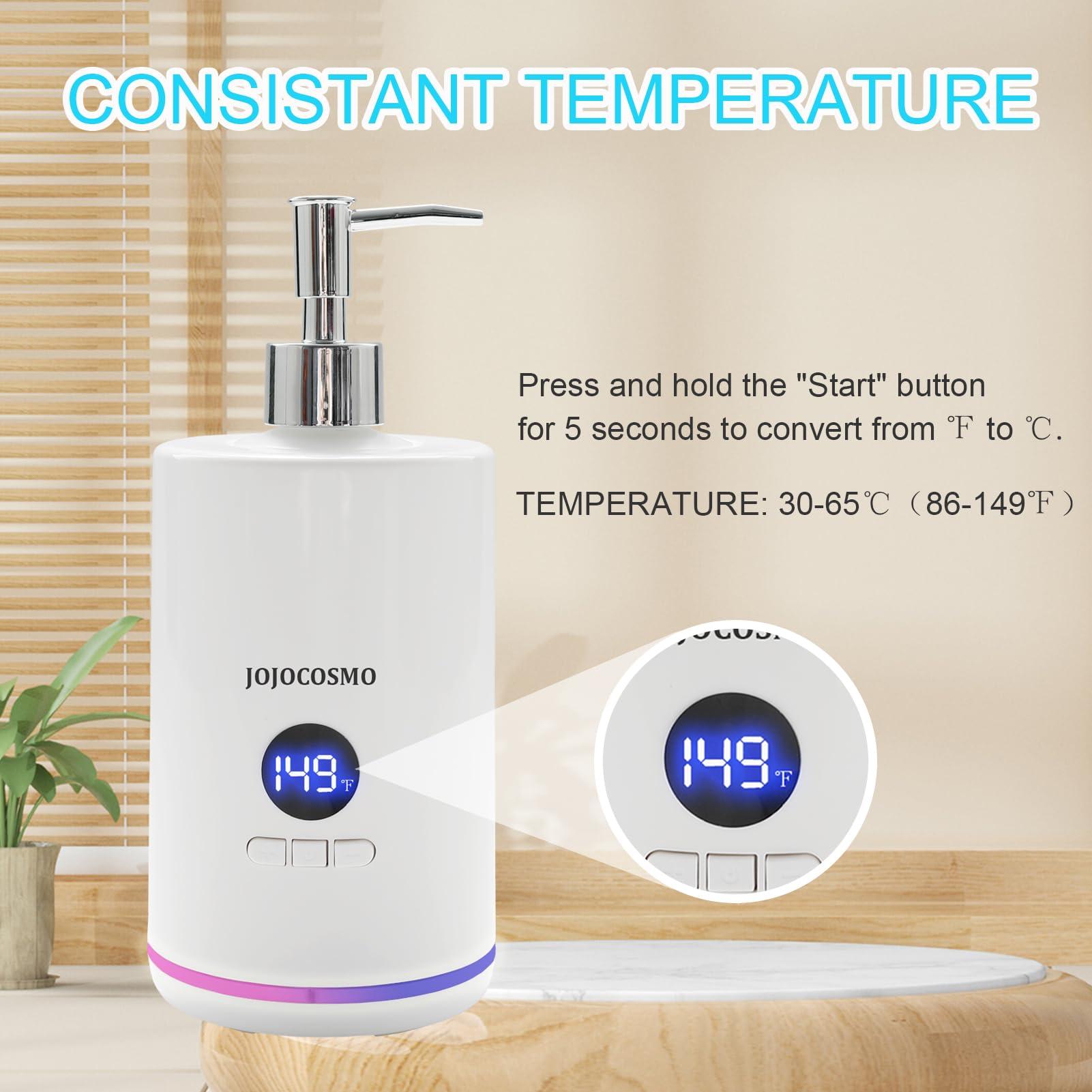 JOJOCOSMO Massage Oil Warmer with Two Oil Bottle Dispenser,Spa Oil Warmer, Salon Equipment Dispenser Heater, with Gradient Atmosphere Lamp and Funnel, / Switchable Display, for Home Pro Salon Spa Massage