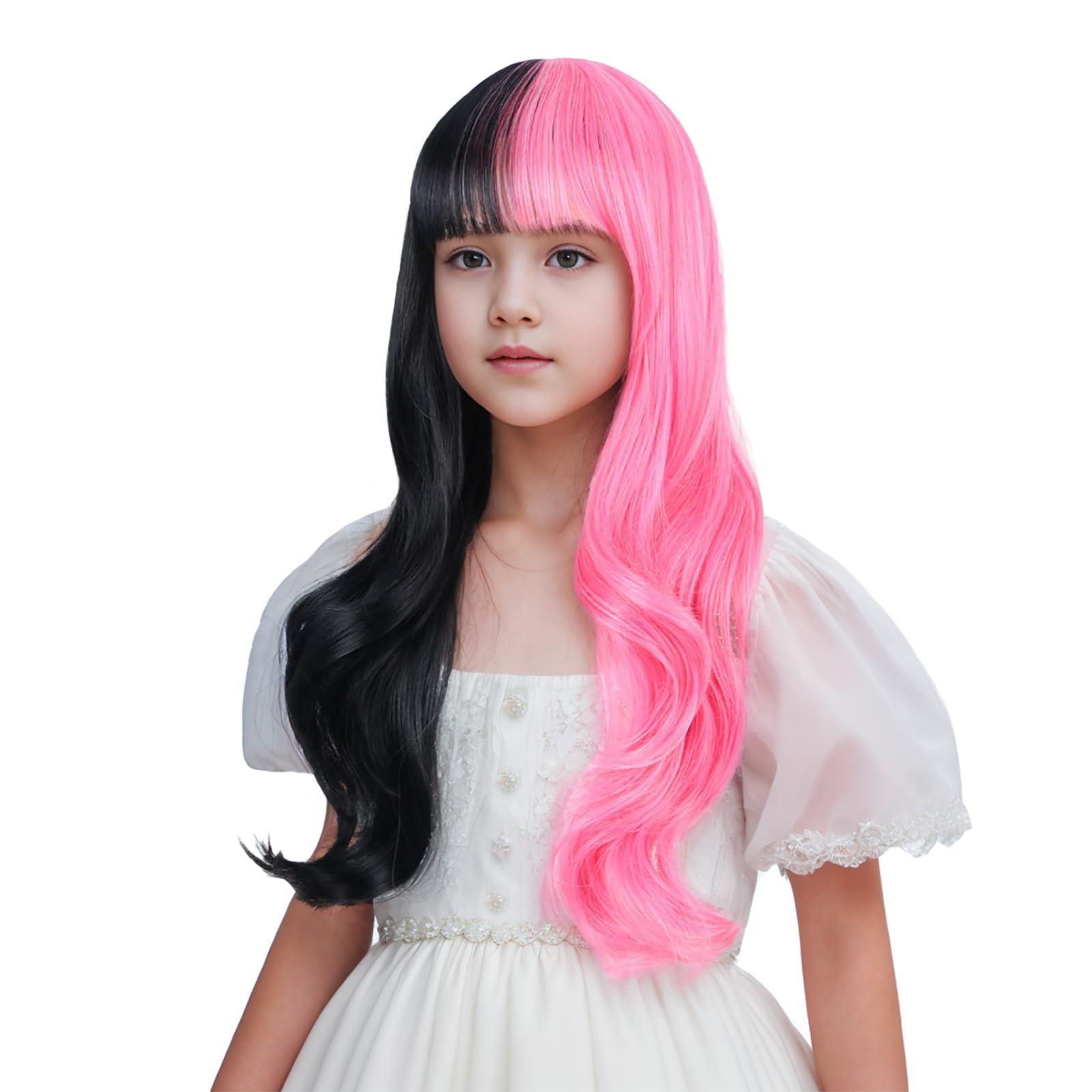 Edivd Edivd Kids Half Pink and Half Black Wig Long Pink Mixed Black Wig with Flat Bangs for Girls Long Wavy Curly Black and Pink Wig for Children Heat Resistant Synthetic Wig with Wig Cap
