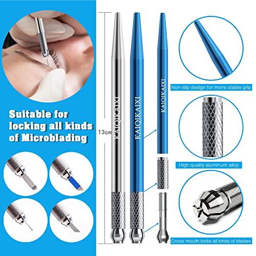 KAIQIKAIXI Microblading Pens 10 Pieces Manual Eyebrow Pens Microblade Pen Aluminum Microblading Hand Tools Light Manual Microblade Tool Microblade Holder Additional 10Pcs Round Needles