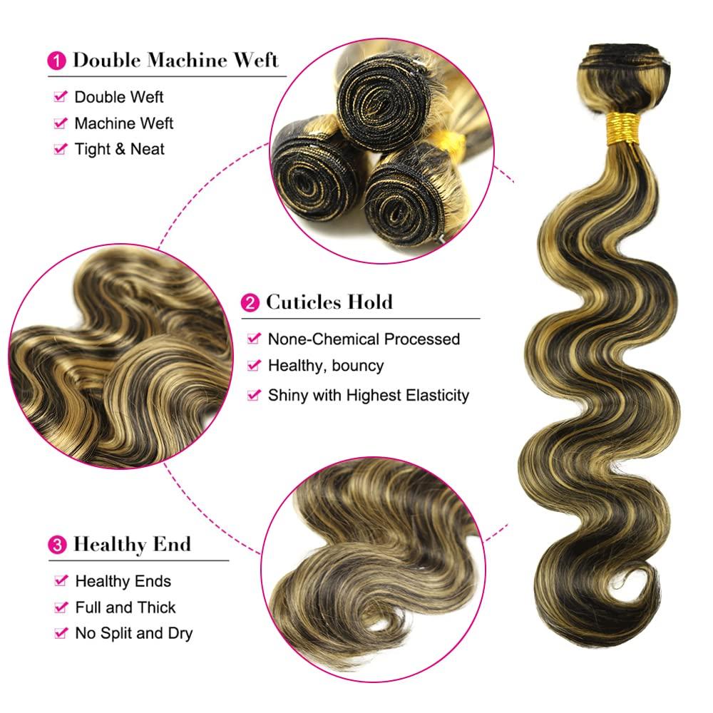 Vinmdonm 30 Inch Highlight Human Hair Bundles Honey Blonde Human Hair Bundles P1B/27 Body Wave Bundles Brazilian Unprocessed Virgin Hair 1 Bundle Two Tone Black and Honey Blonde Bundles