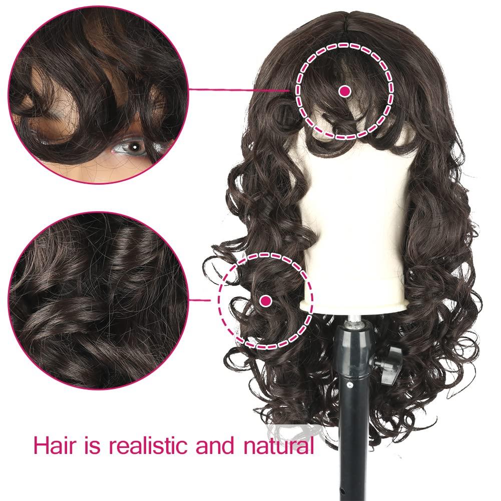 Oseti Oseti Long Brown Curly Wig with Bangs for Women Layered Synthetic Wig Brown Curly Shag Hair Wig with Bangs Cute Kinky Curly Hair Replacement Wigs for Daily Use Party Hallowmas Cosplay Wig