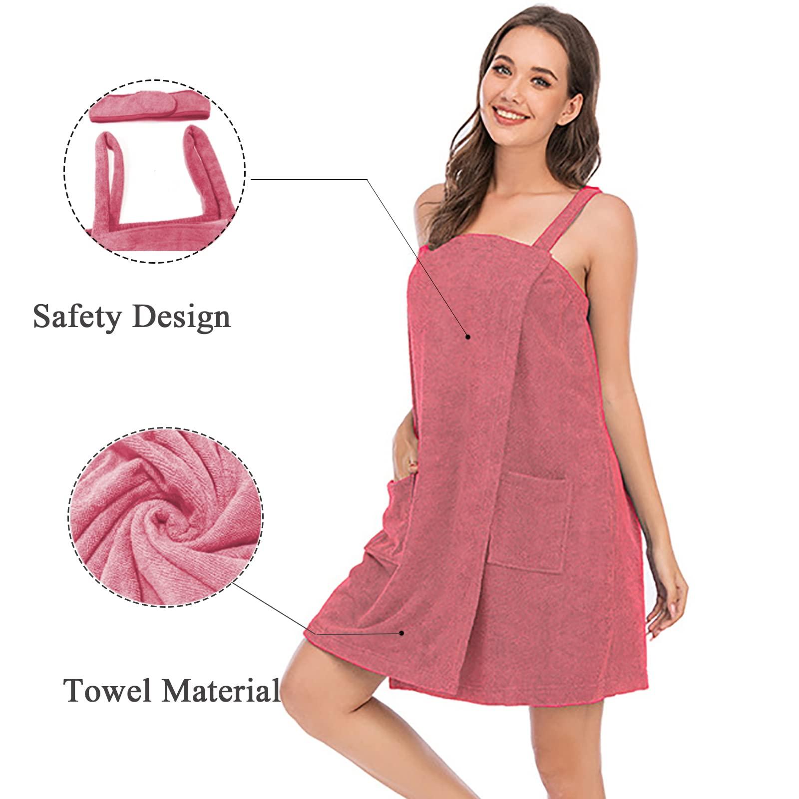 Verve Jelly Verve Jelly Women's Bath Wraps Spa Shower Towel Wrap Adjustable Bath Towel Wrap with Straps Pocket Facial Headband Rose Red 3X-Large