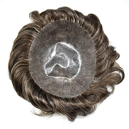 JUSTHAIR Toupee for Men Hair Replcement System Mens Toupee Full Poly Thin Skin Human Hair Piece All PU Injection Toupee Hair Systems (8X10", 340 3# DARK BROWN WITH 40% SYNTHETIC GREY)