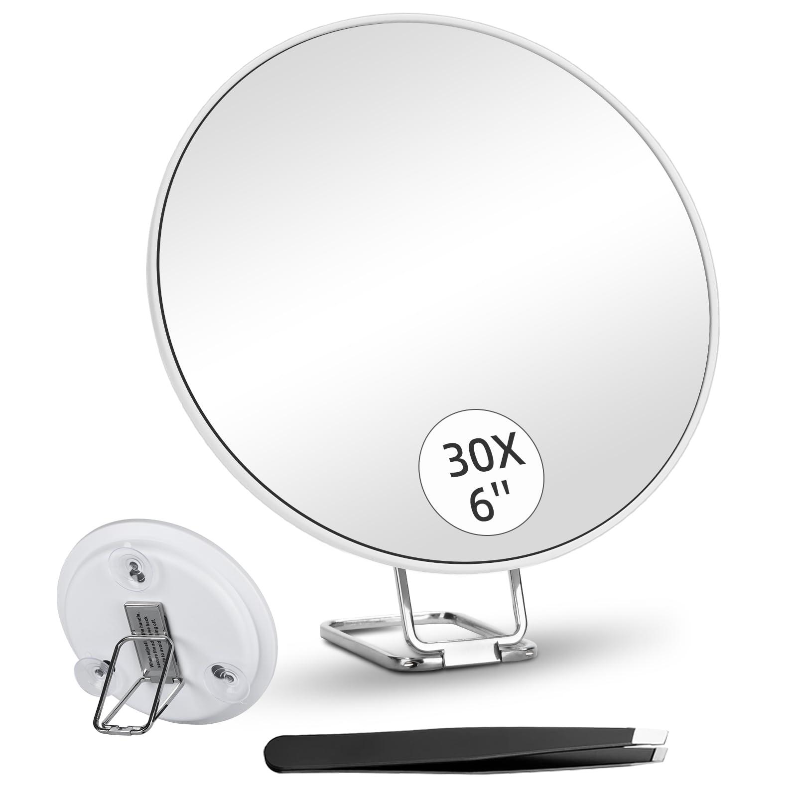 Suupvaor 6inch 30X Magnifying Mirror with Stand & Suction Cups, Large Travel Magnified Mirror 30 x High Magnification Makeup Mirror for Handheld Table Wall-Mounted Use, 30x Travel Magnifying Mirror & Tweezers