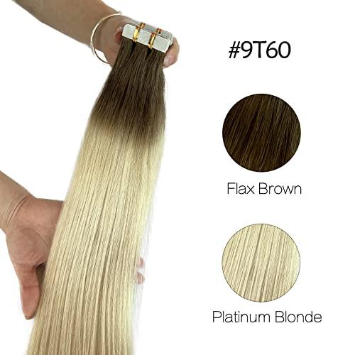 Munx Tape Ins Human Hair Extensions 22inch Omber Flax Brown to Platinum Blonde Silky Straight Brazilian Double Sided Tape in Extensions Human Hair Tape in Extensions