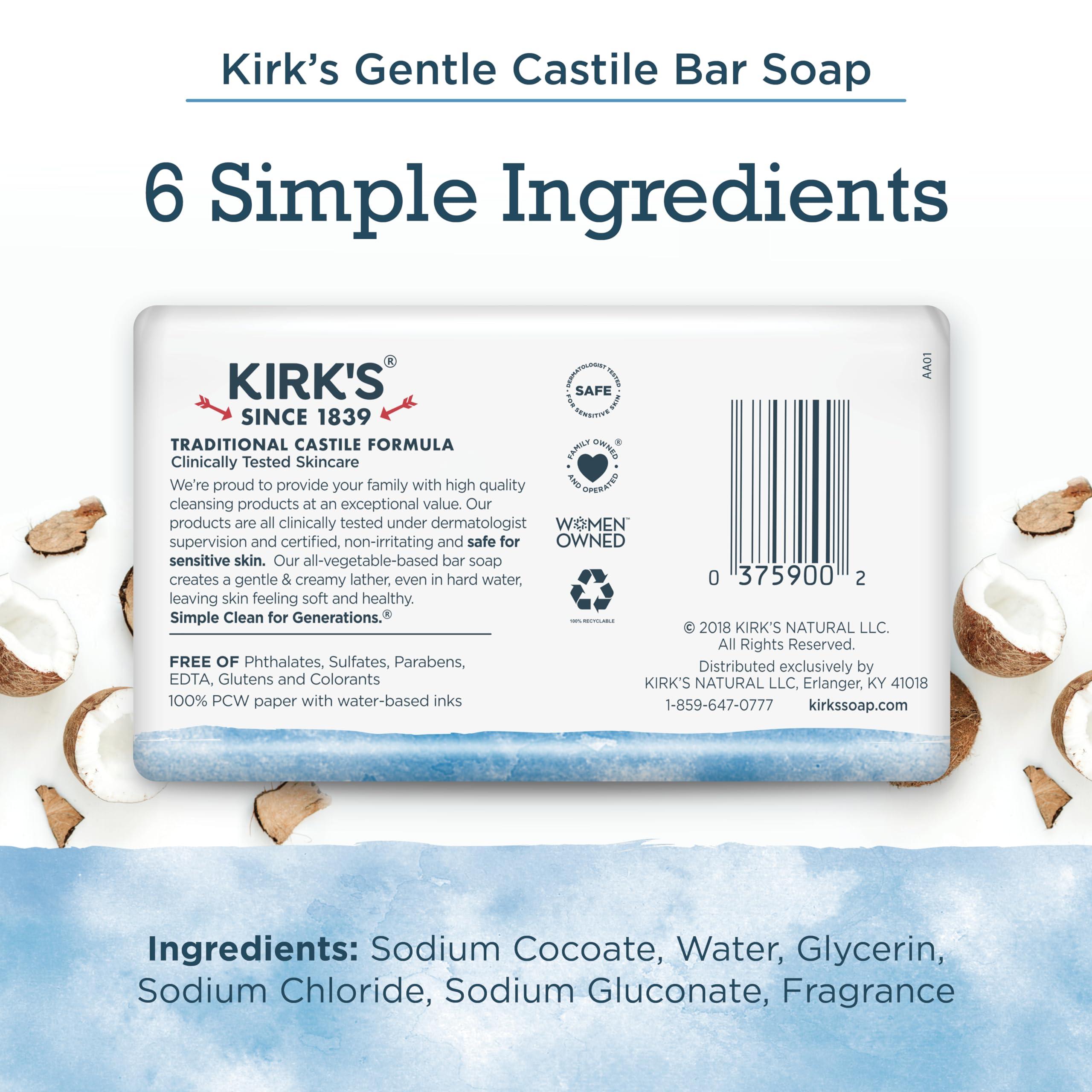 Kirk's Kirk\'s Castile Bar Soap for Men, Women & Children - Made with Premium Coconut Oil, Sensitive Skin Formula, Vegan, Non GMO, Original Fresh Scent, 4 oz. Bars, 48 Pack