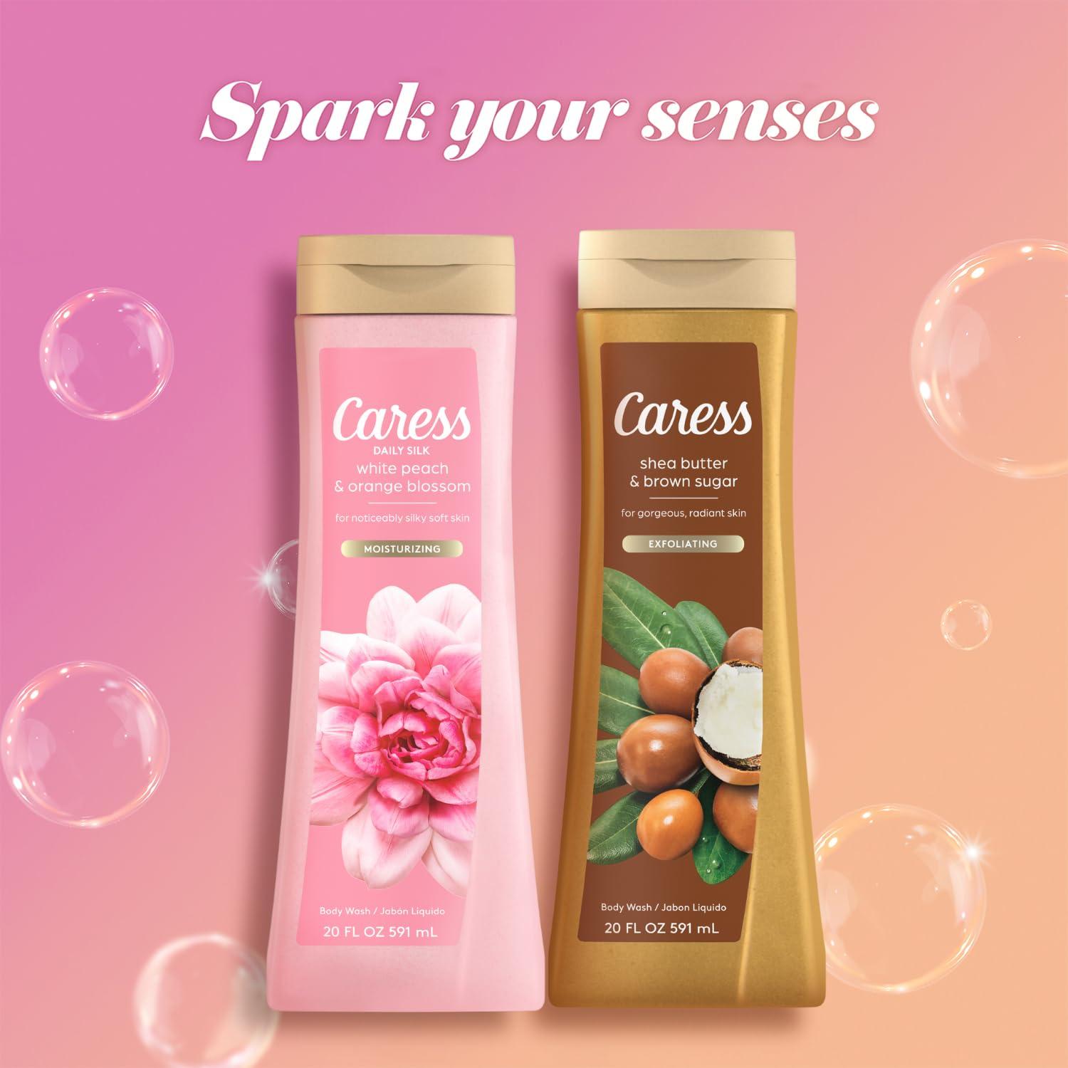 Caress Caress Body Wash Set, Shea Butter & Brown Sugar + Daily Silk White Peach & Orange Blossom Moisturizing Body Wash for Gorgeous, Radiant Skin, Body Soap Liquid Set, 20 Fl Oz (2 Piece Set)