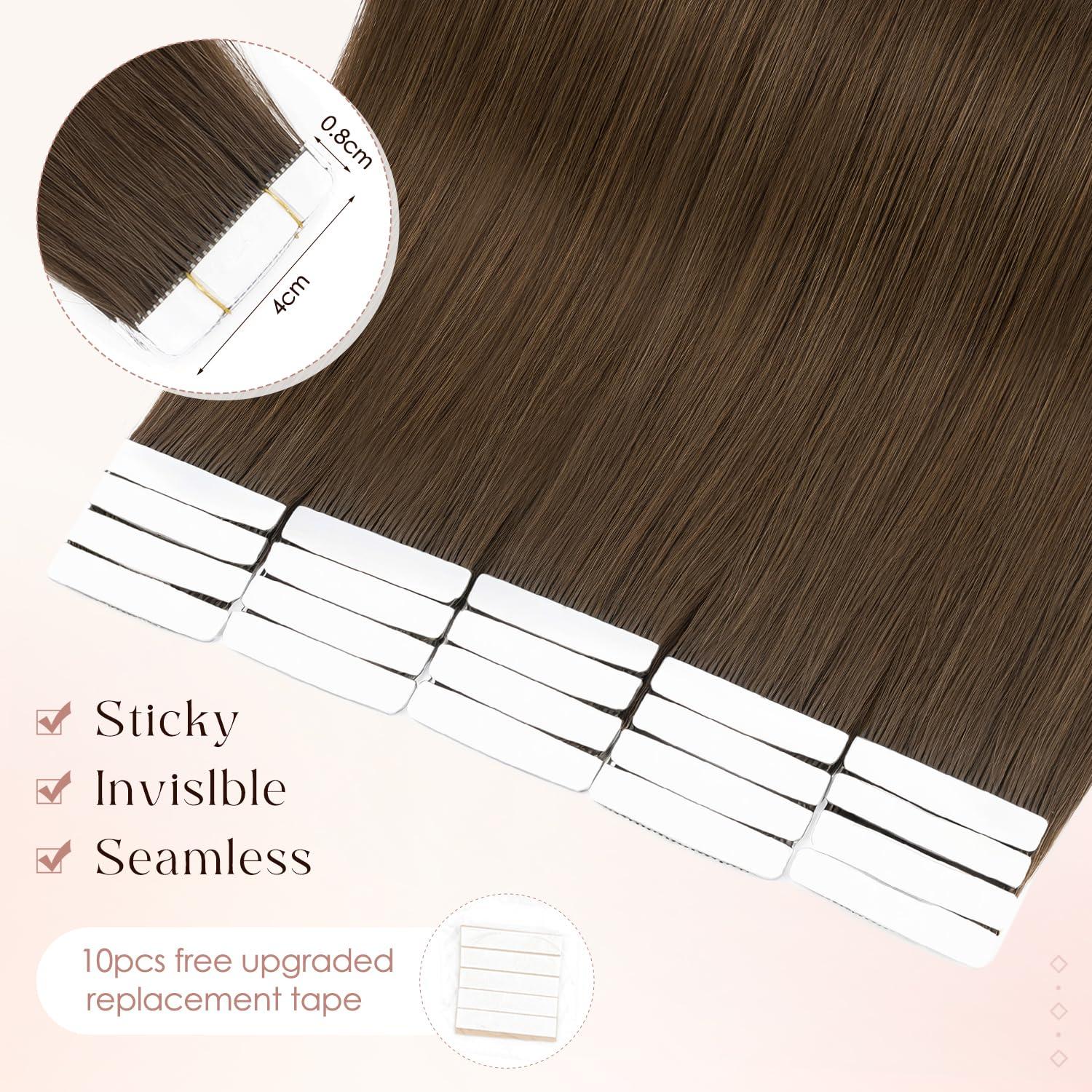 SLEEKALON Human Hair Tape in Extensions-Double Stitched,SLEEKALON Free-cut Mini Tape ins Real Hair Extension Dark Brown Invisible Seamless Straight Double Side Tape Hair Extension-18 Inch,20pcs 50g,#02