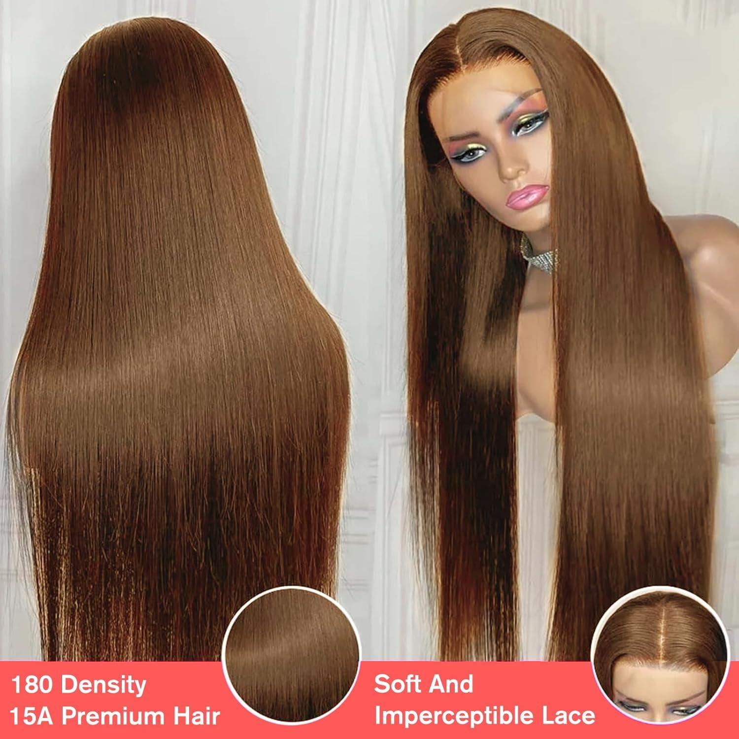 tunfine tunfine 13x6 Chocolate Brown Lace Front Wig 200 Density Hd Lace Front Wigs Human Hair,24 Inch Glueless Straight Frontal Wigs Human Hair Pre Plucked With Baby Hair