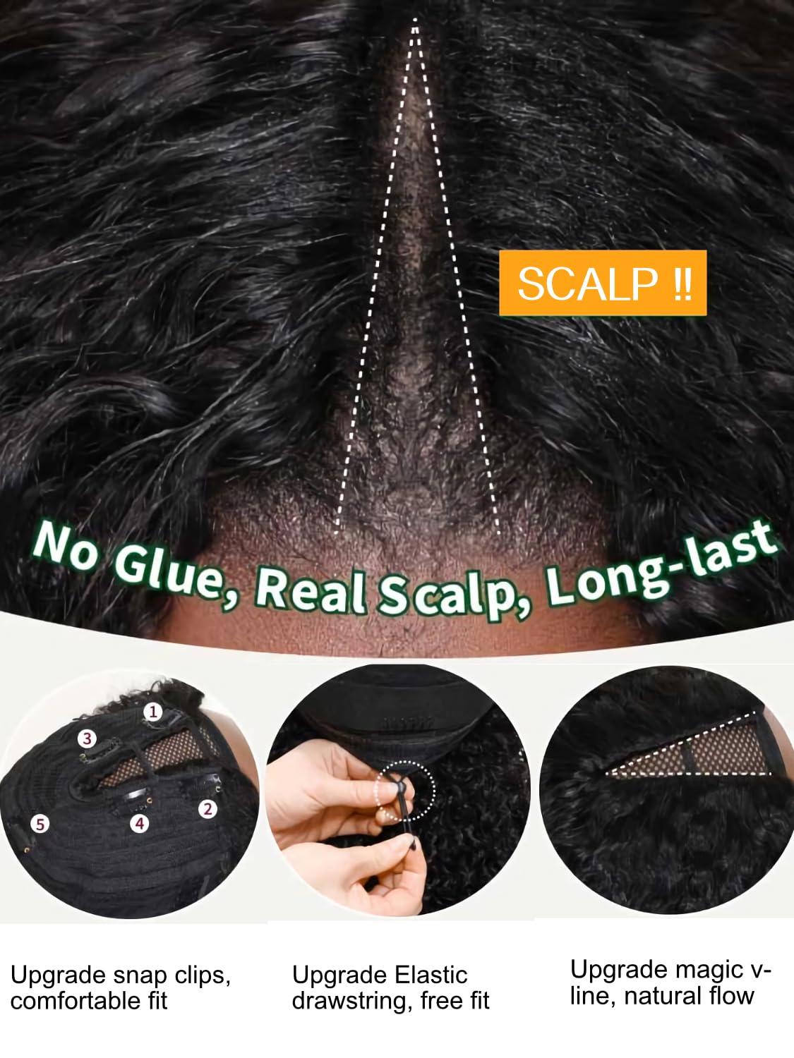 Julia Hair Julia Hair V Part Human Hair Wig Kinky Straight for Women Glueless Wigs Brazilian Virgin Human Hair Wigs Upgrade Upart Wig No Leave Out No Glue No Sew Natural Black Beginner Friendly 16 Inch