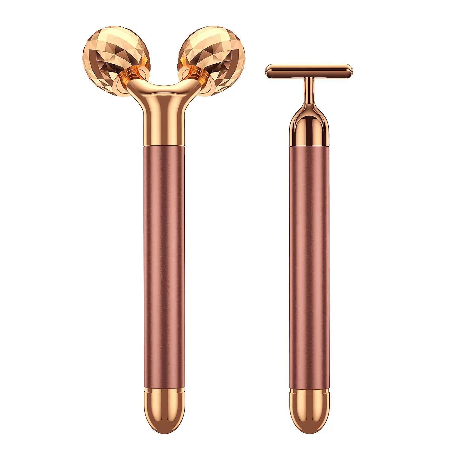 Beauty Bar 2-IN-1 Beauty Bar 24k Golden Pulse Facial Face Massager, Electric 3D Roller and T Shape Arm Eye Nose Head Massager Facial Roller Massager Kit Skin Care Tools